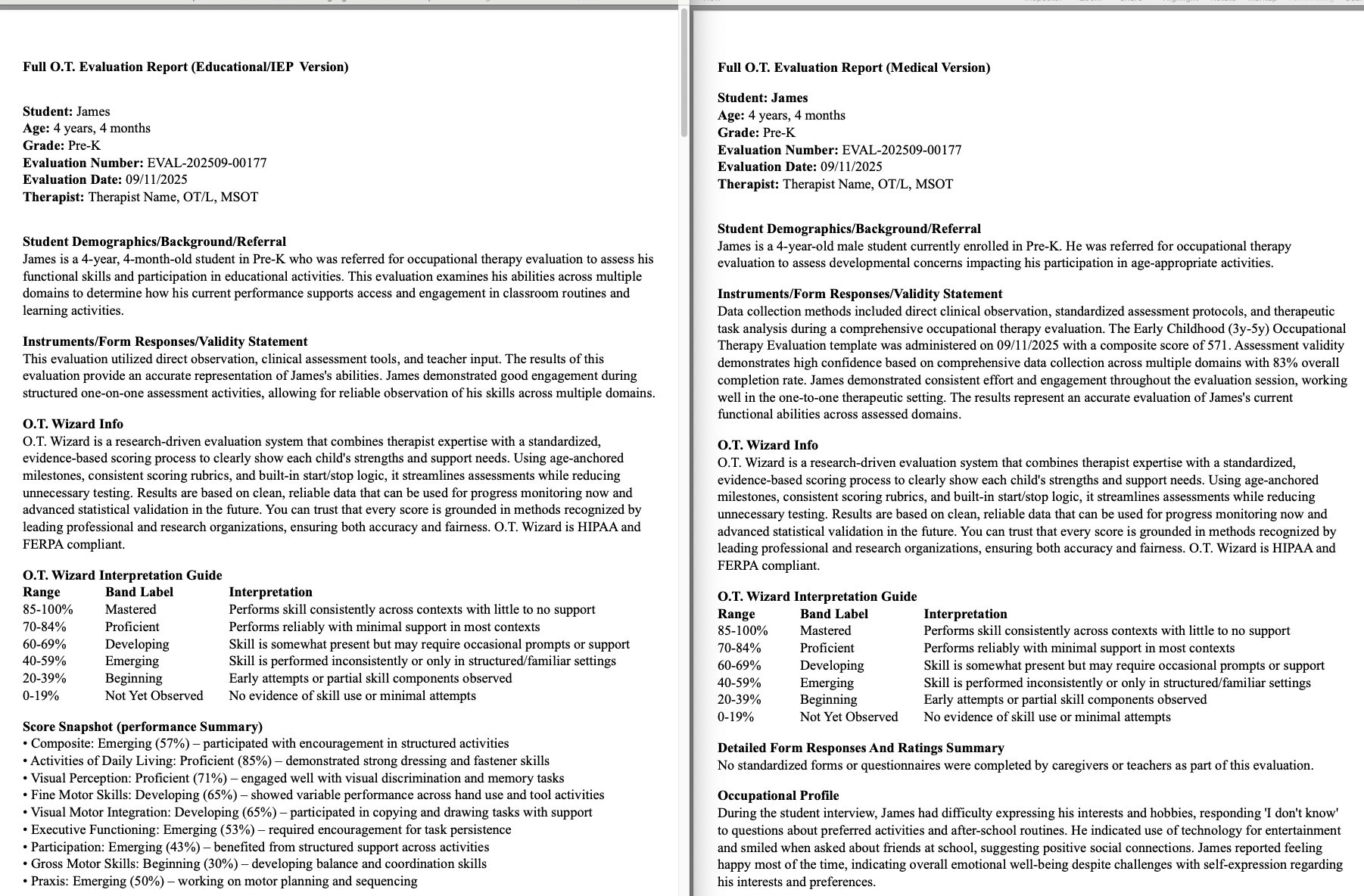 Occupational therapy evaluation template example showing school-based and medical report formats.